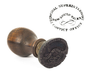 PRINCIPAL SUPERINTENDANT CONVICT OFFICE NEW SOUTH WALES circa 1845 brass handstamp with wooden handle and brass ring.