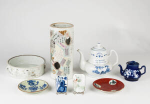 A Chinese pierced cylindrical vase 28.5cm high and seven other pieces of Chinese porcelain