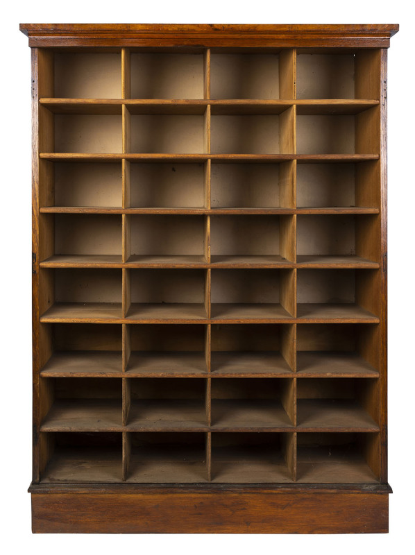 An Australian Government Water Board stationary cabinet, blackwood, circa 1910 interior fitted with 32 pigeon hole compartments, perfect for wine storage inventory stamp "G.W.B. 1059"