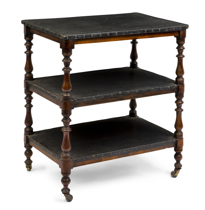 A Colonial newspaper stand with three tiers, blackwood and pine, 19th century in the 19th century black leatherette coverings were used to stop the ink from bleeding into the timber