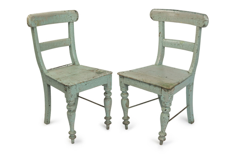 Two Colonial spade back dining chairs with 1890s depression era green painted finish