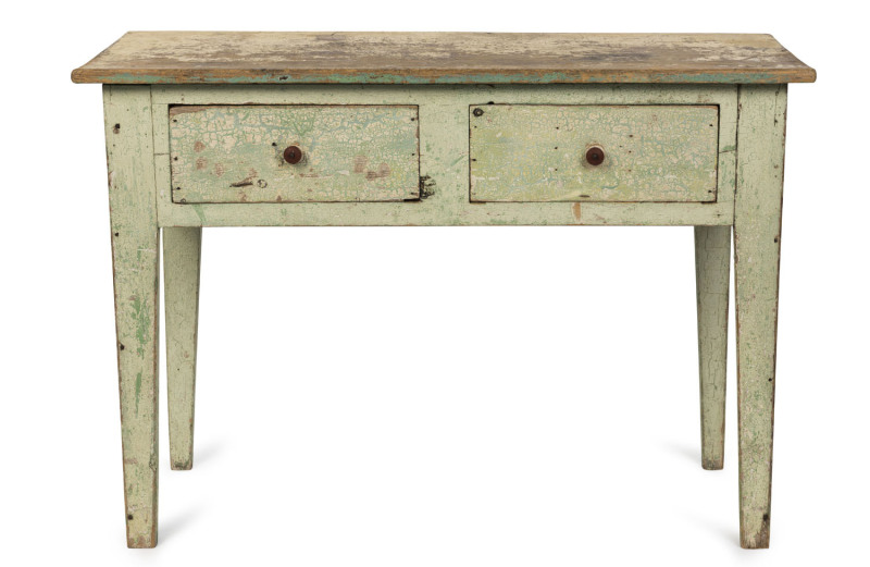 A rustic 2 drawer scullery table with green painted finish, late 19th century