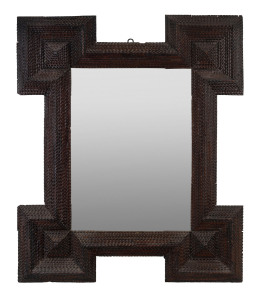 An impressive tramp art framed mirror, carved cedar, circa 1890