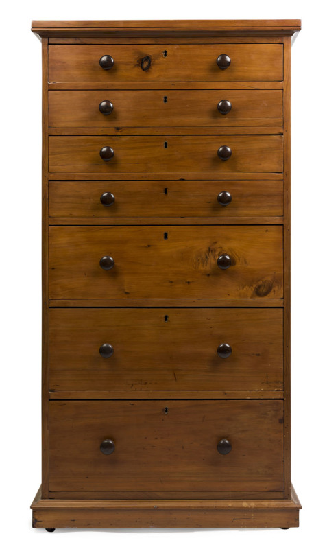 A Colonial tallboy chest of seven drawers, kauri pine, huon pine and blackwood, 19th century