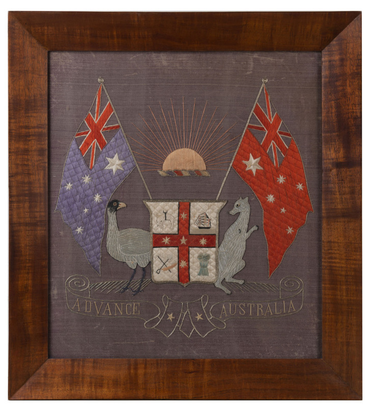 "ADVANCE AUSTRALIA" Embroidered silk coat of arms, 19th century fiddleback blackwood frame