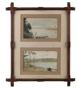 ARTIST UNKNOWN landscape diptych watercolour on paper carved cedar tramp art frame