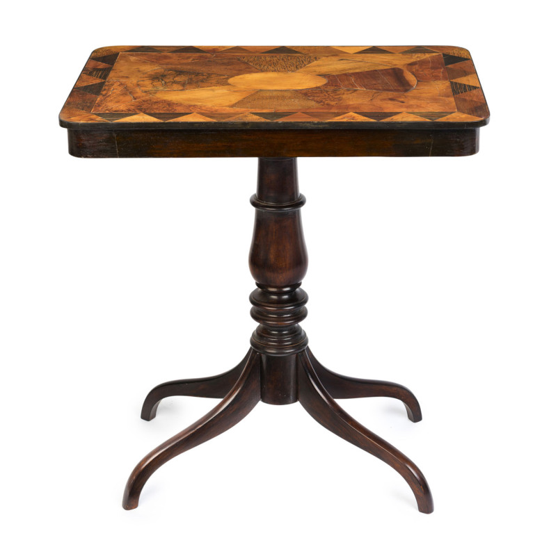 An Exhibition top occasional table, 19th century inlaid exotic specimen timbers , crab leg pedestal base