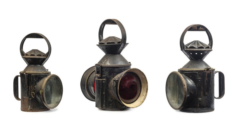 Three railway station master and guard signal lanterns, 19th century