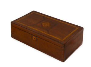 A jewellery box, myrtle, blackwood, cedar and Queensland maple, 19th century red leatherette interior