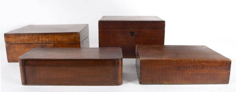 Four assorted boxes, fiddleback blackwood, 19th and 20th century