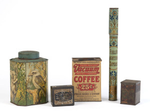 Group of 5 vintage and antique tins including "Bushells Tea", "Nobel Detonators", "Swallow & Ariells", "Vacuum Coffee" and "Field's Lighting Tapers"