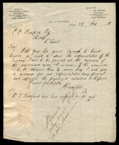 REQUEST TO ATTEND A HANGING: 19th August 1889 letter from J.Drayton, Editor of The Sunday Times (Sydney) to C.C. Cowper, Sherrif, Darlinghurst