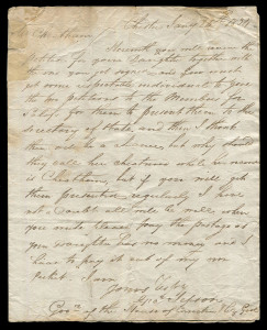 Elizabeth Cheatham - sentenced to death; transported for life: 5 November 1833 mss letter (2pp) written to her parents from the Chester City Gaol where she was being held pending removal to the hulks prior to transportation.