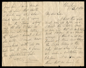 The Cholera Scare: 5 September 1890 mss letter to his son from W.G.Browne