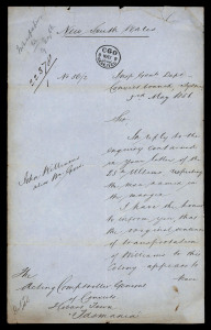 John Williams - Transported for Life: 9 May 1856 mss ledger page recording a 3 May 1856 letter from W.C. Mayne, Inspector General of Police in charge of Convict Department [Hobart]