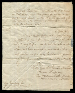 Looking for SARAH DIPROSE: 6 October 1852 mss letter from Thomas Diprose in London to the Governor of Van Diemen's Land asking about his wife