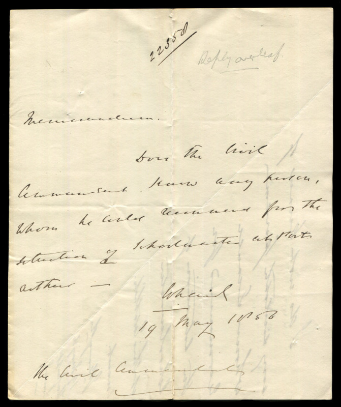 Schoolmaster needed at PORT ARTHUR: 19 May 1856 mss note to "The Civil Commandant"