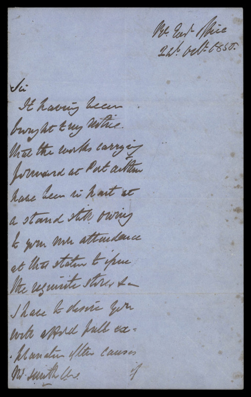 WHERE IS MY CLERK OF WORKS & WHY ISN'T HE AT HIS POST? 22 Oct.1850 mss letter to Samuel SMITH (Foreman Clerk-of-Works in the Royal Engineers Dep't) at Port Arthur.