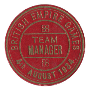 1934 2nd BRITISH EMPIRE GAMES IN LONDON, Team Manager's badge, red cardboard with "Team Manager/British Empire Games/4th August 1934", 48mm diameter.