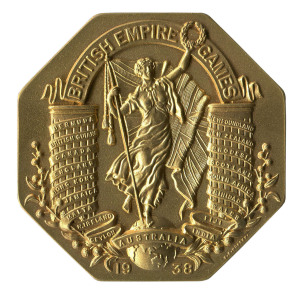 1938 COMMONWEALTH GAMES IN SYDNEY, Gold Winner's Medal "British Empire Games/Australia/1938", octagonal, 63x63mm.