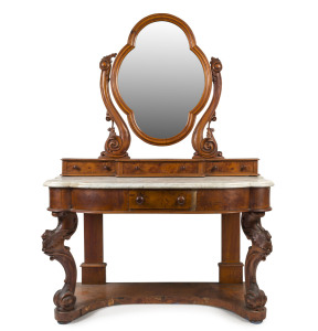 A Colonial washstand dressing table, Tasmanian origin, birdseye huon pine and marble top, circa 1870 finely carved with cockatoo decoration to knees