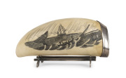 A scrimshaw whale's tooth with silver mount and stand, 20th century - 2