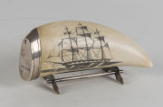 A scrimshaw whale's tooth with silver mount and stand, 20th century - 3