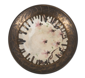 MILTON MOON Pottery fruit bowl with pink floral motif and gold dribble grazed border, circa 1970