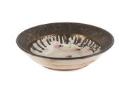 MILTON MOON Pottery fruit bowl with pink floral motif and gold dribble grazed border, circa 1970 - 2