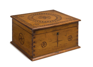 A fine Australian sewing box with nautical themed inlay, cedar and pine, Tasmanian origin, 19th century