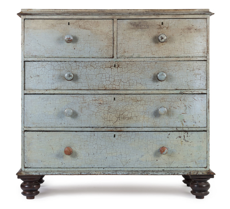 An Australian five drawer chest, cedar and original blue painted finish, circa 1870s