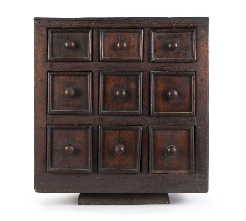 An unusual double sided miniature chest on swivel stand, cedar, Ballarat origin, 19th century