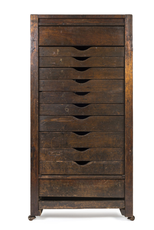 An industrial bank of drawers, eucalypt and packing crate construction, late 19th century