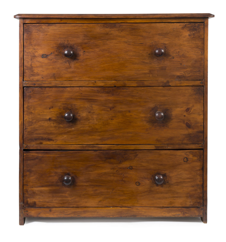 A primitive three drawer chest, stained Baltic pine, South Australian origin, 19th century