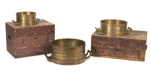 Set of three Imperial Standard measures, Bushel, Half Bushel and Peck, solid case brass, 19th century