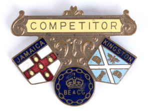 1966 COMMONWEALTH GAMES IN JAMAICA, Official Badge for Games Competitor, enamelled with "COMPETITOR/Jamaica/Kingston/ BE & CG", 49x40mm.