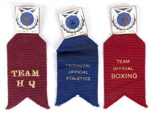 1970 COMMONWEALTH GAMES IN EDINBURGH, Three Official's badges, each enammeled with "BCG, ENDINBURGH, 1970", two with red ribbon "TEAM OFFICIAL BOXING" & "TEAM HQ", other with blue ribbon "TECHNICAL OFFICIAL ATHLETICS".