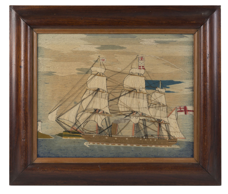 A tallship wool work tapestry in Australian cedar frame, 19th century