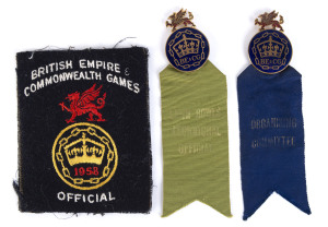 1958 BRITISH COMMONWEALTH GAMES IN CARDIFF, Group with Official's badges (7), each enamelled with red Welsh Dragon over 'BE&CG' logo, with various ribbons including "ORGANISING COMMITTEE", "COUNCIL MEMBER", "ATHLETICS OFFICIAL" etc.; together with officia