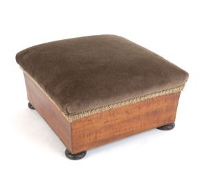 A footstool, fiddleback blackwood and pine with later oyster velvet upholstery, mid 19th century 