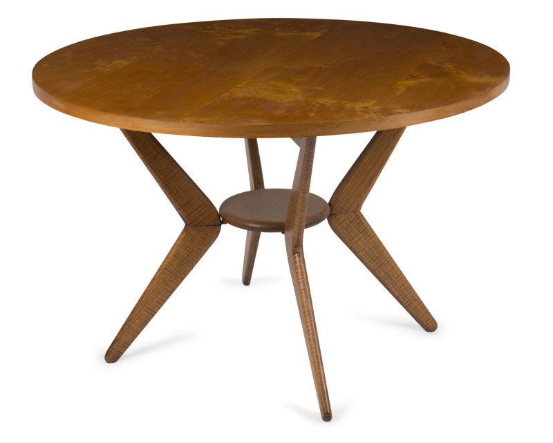 A circular coffee table, fiddleback blackwood and huon pine, circa 1950