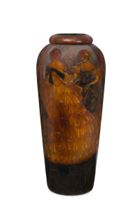 A pokerwork vase finely decorated with the GOYA SOAP female figure, huon pine, Tasmanian origin, circa 1920s