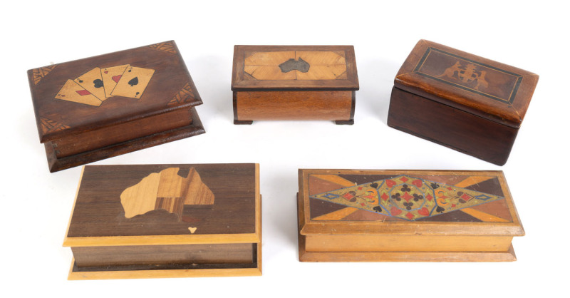 Five Australian timber boxes with inlaid and decorated tops, 19th and 20th century