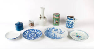 A Doucai circular saucer dish, 23cm diameter and eight other pieces of Oriental porcelain