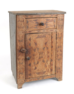 Prison art bedside cabinet, naively inlaid with Australian timbers and painted plywood sides, early 20th century