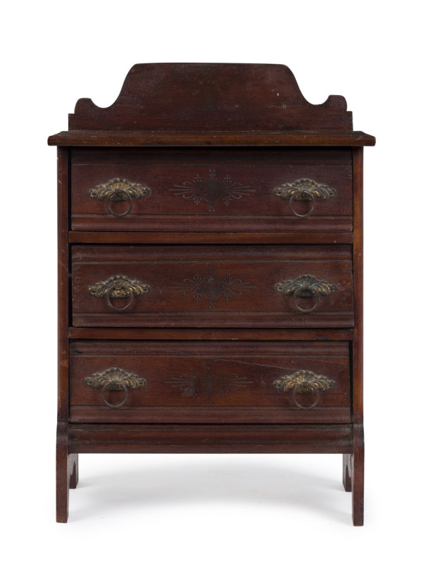 A miniature three drawer chest, kauri pine and gilt metal, late 19th century