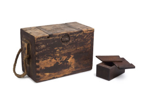 A dynamite box, stained pine and iron with rope handles; together with a cedar detonator box, 19th century