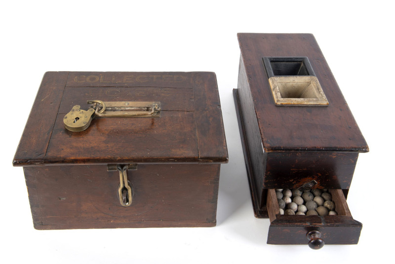 A cedar ballot box with accompanying set of black and white ceramic marbles; together with a cedar and pine collection box, 19th century