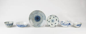 A provincial Ming circular bowl 15cm diameter and five other blue and white bowls