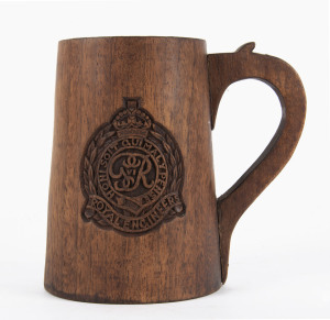 A wooden tankard with carved insignia "ROYAL ENGINEERS", King George VI sypher